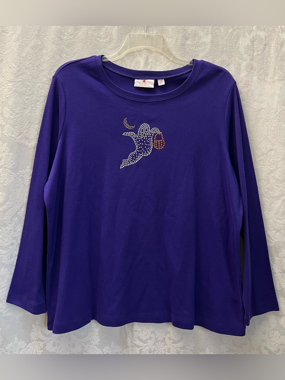 Quacker Factory Women’s Purple Rhinestone Ghost Long-Sleeve Top Plus Size 1X GUC